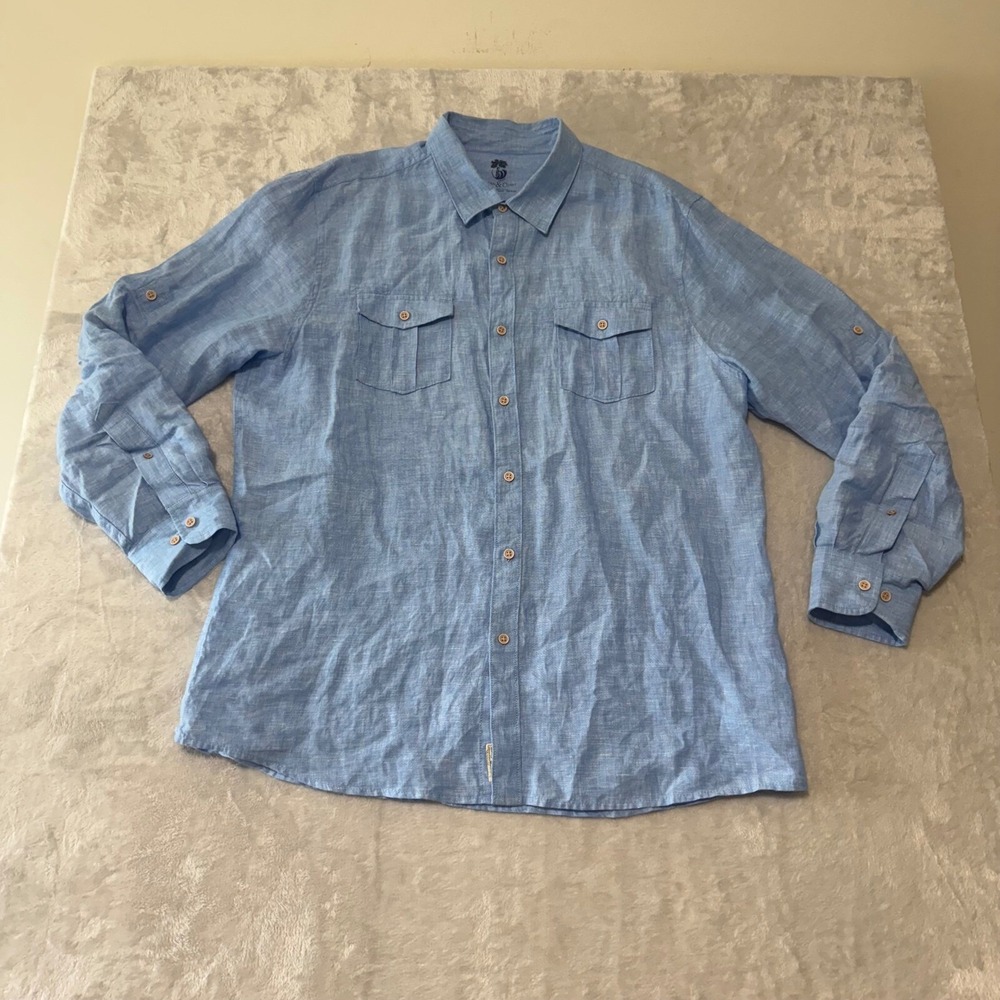 Ocean & Coast Women 100% Linen Long Sleeve Button Front‎ Shirt XL Blue Roll Tab